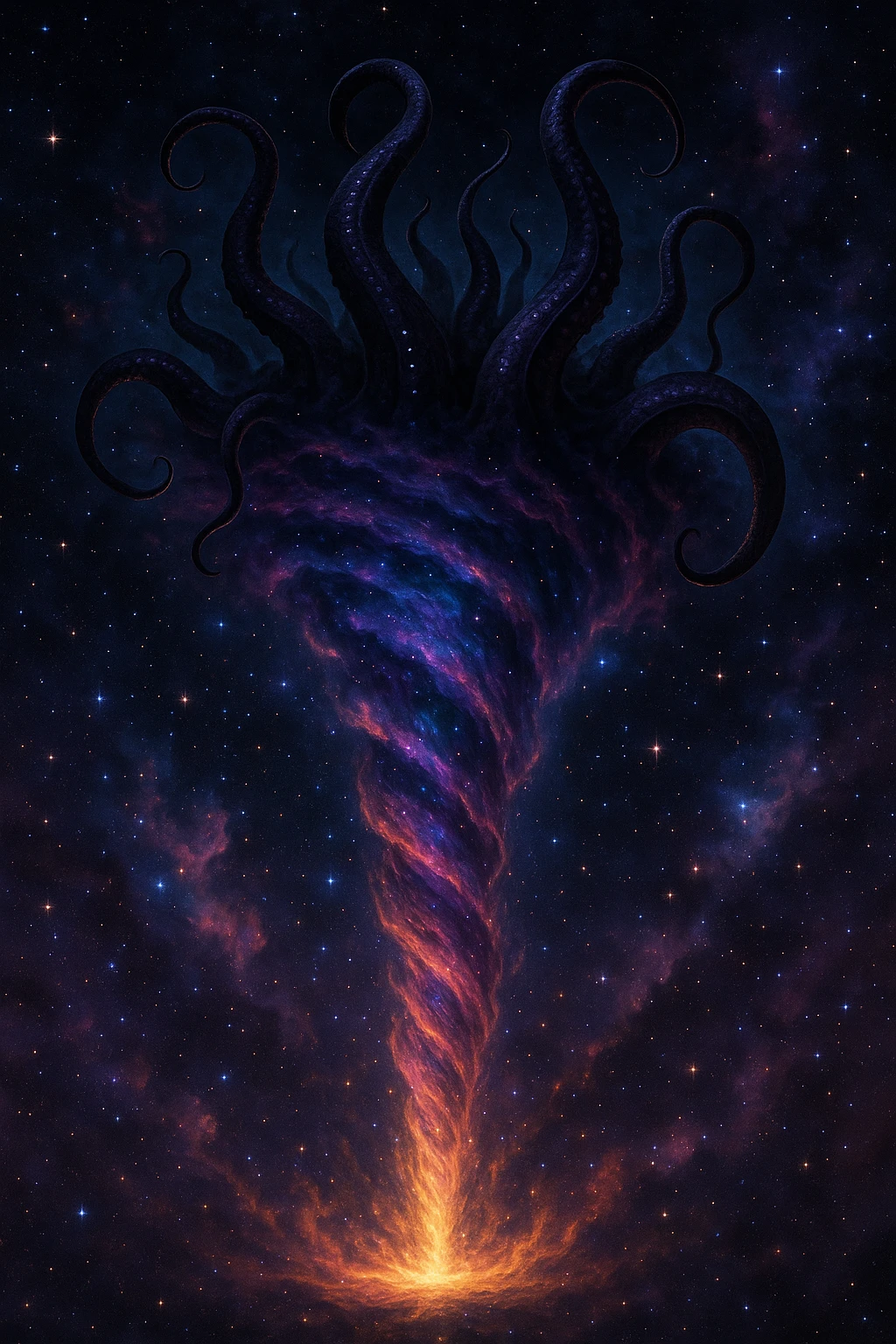 A cosmic tornado wormhole, swirling with nebula colors, with several large, sinister tentacles of an elder god protruding from the top, surrounded by stars emoji