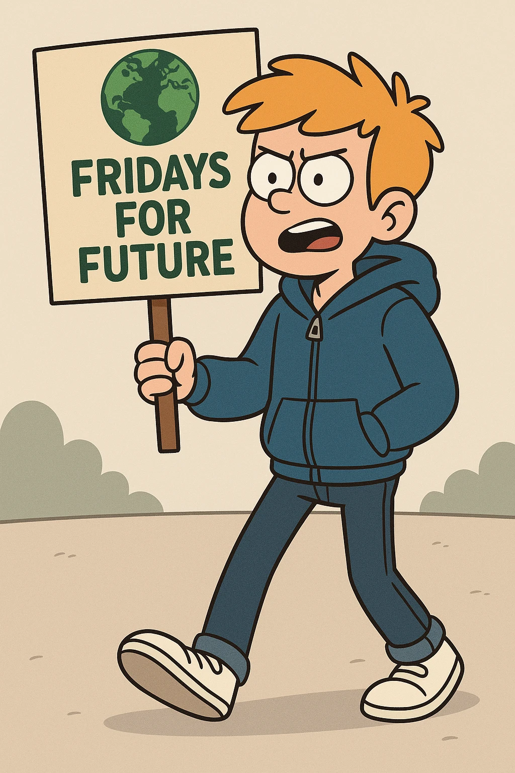  Fridays for Future a boy Yellow Orange hair blue jackets hoodie dark blue jeans white shoe  emoji