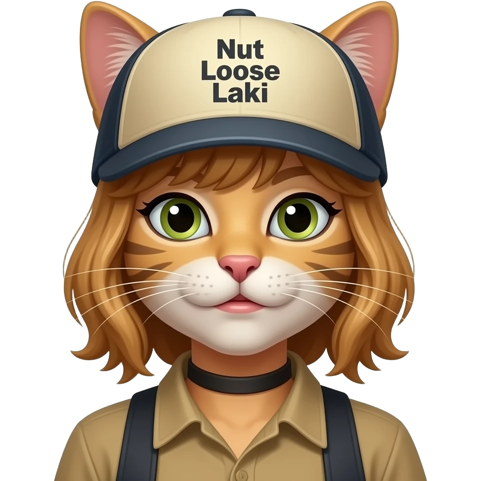 Crazy lady looks like cat with in the hat write "Nut Loose Laki" emoji