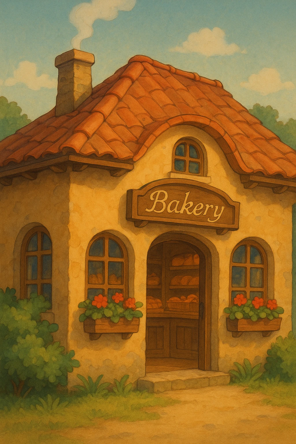 a charming bakery icon in studio ghibli style, warm colors, inviting atmosphere, whimsical details emoji