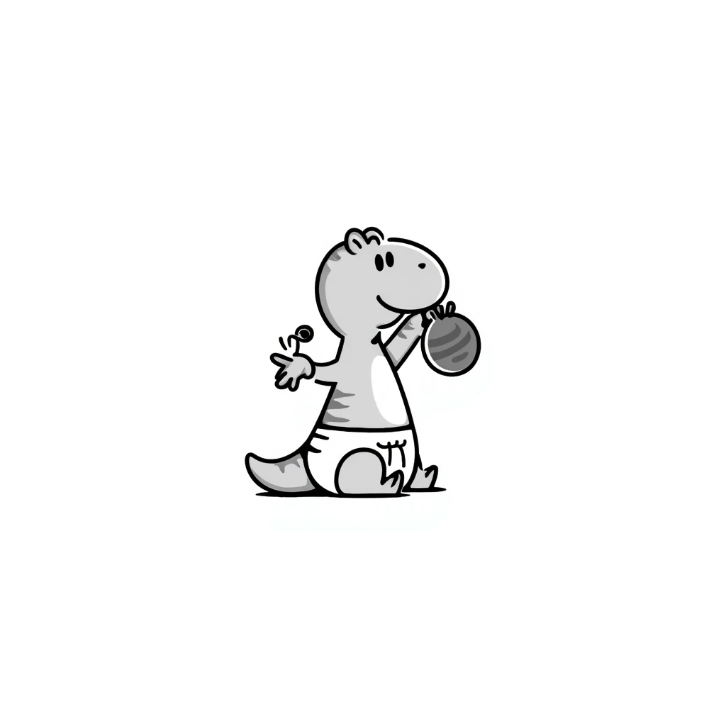 A hand-drawn baby T-Rex toy with a diaper and tiny arms holding a rattle emoji