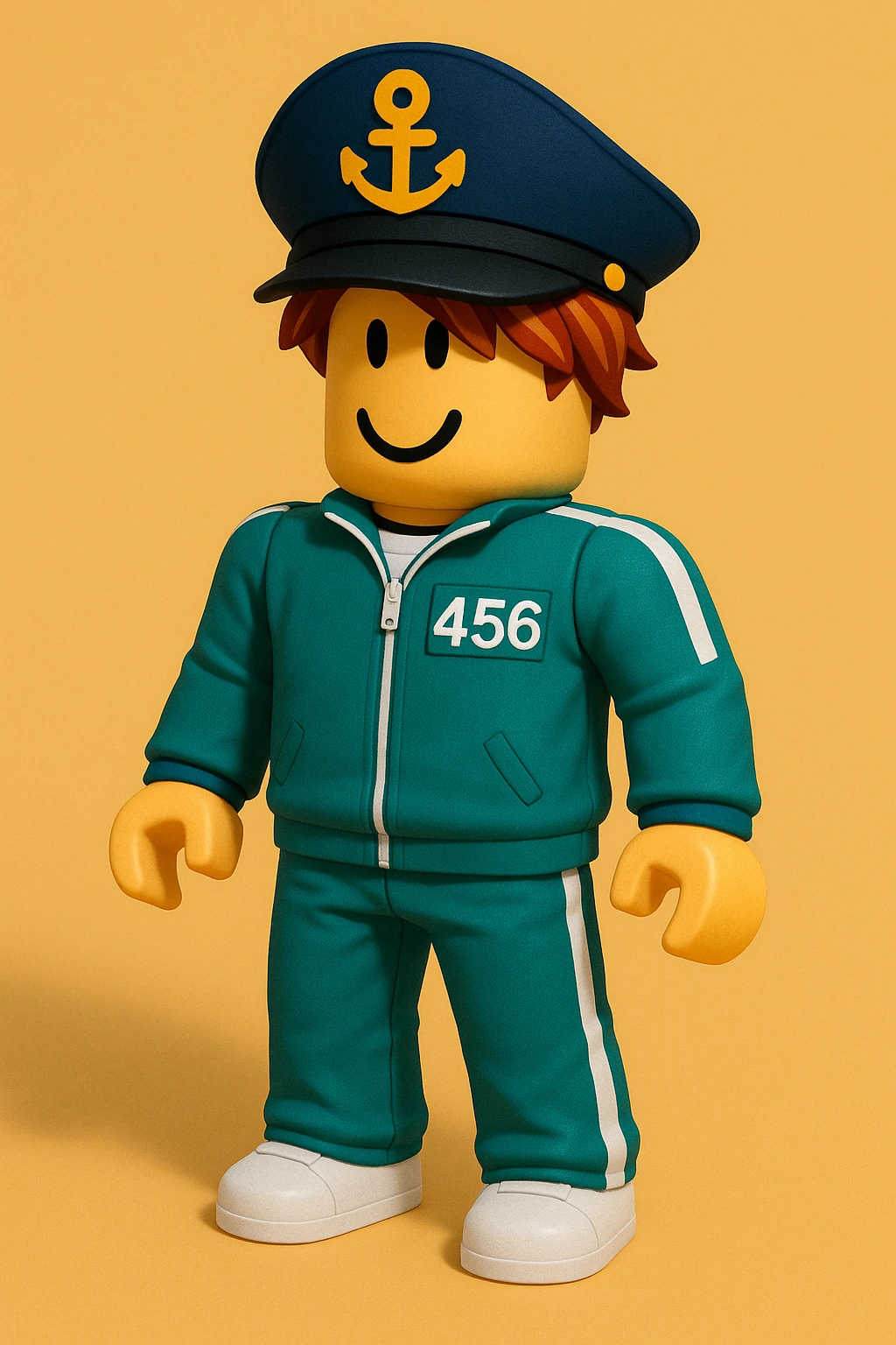 full body Roblox bacon character wearing a Squid Game player tracksuit and a captain hat, playful and bold emoji
