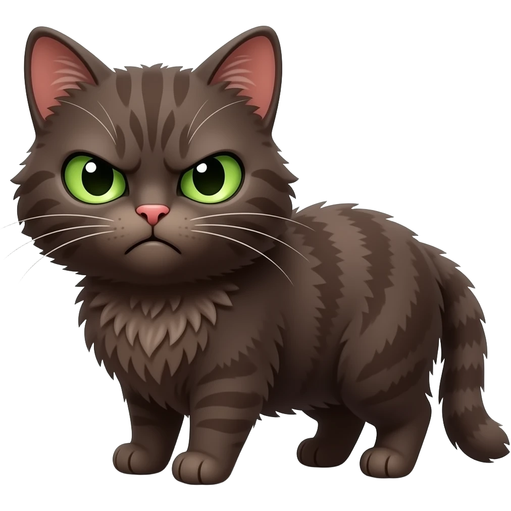 Cute annoyed grumpy dark brown scrunkly cat with green eyes saying “YES” in green letters emoji