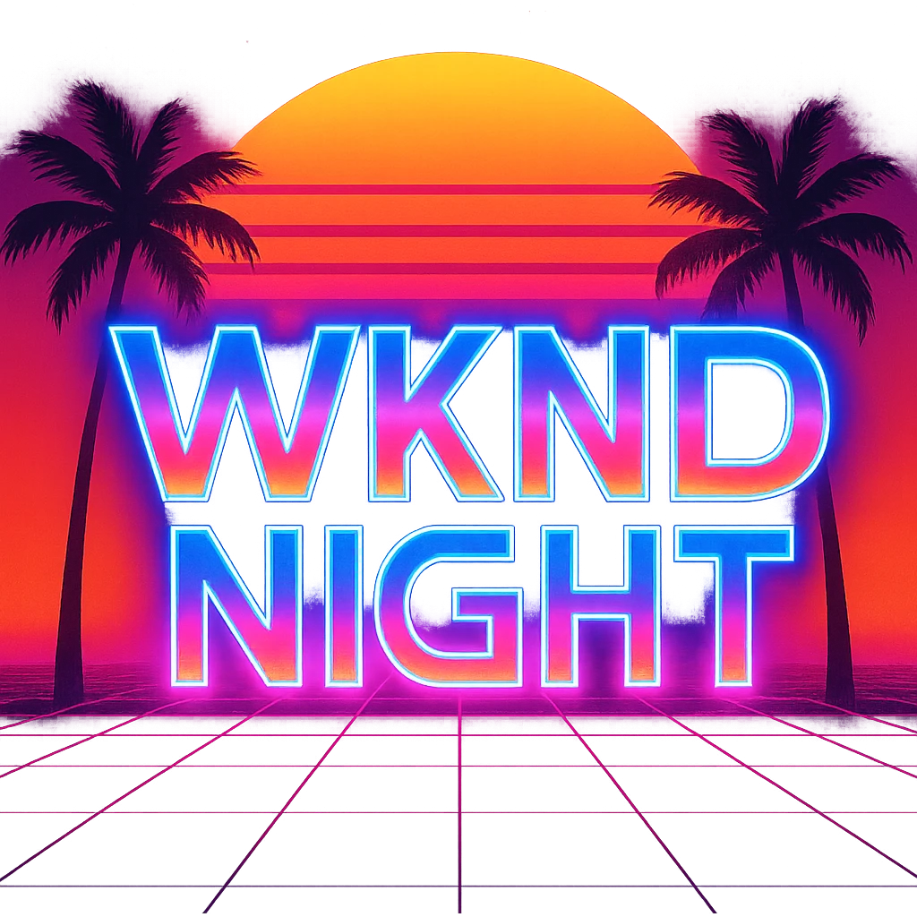 WKND NIGHT as a retro 80s style logo, vibrant gradients, synthwave feel emoji