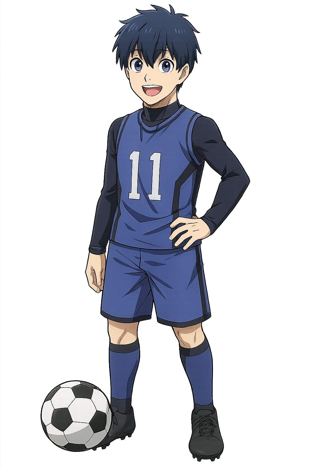 Yoichi Isagi from Blue Lock, anime style, blue hair, smiling, soccer ball at his feet, no background emoji