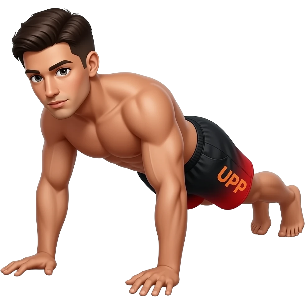 man-half way down doing-push-ups shirtless, nice tan, "UPP" written on his black to red gradient shorts emoji