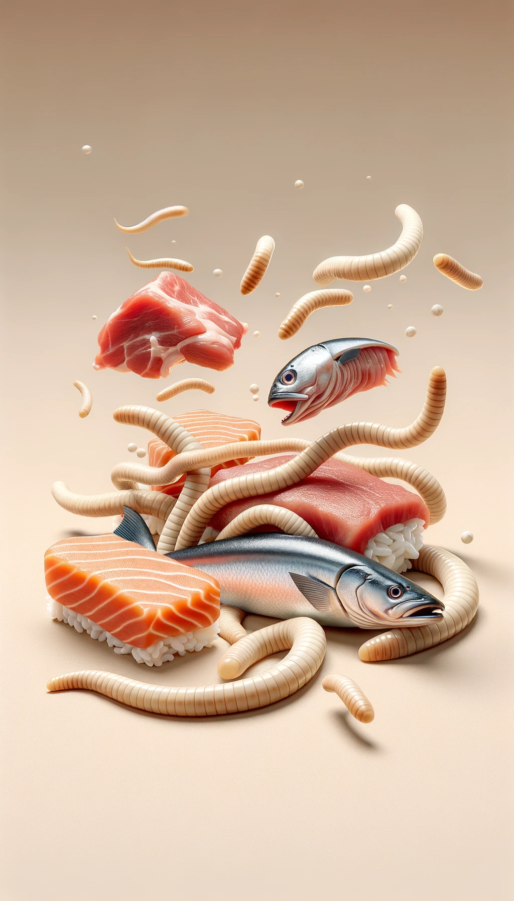 carne cruda fluttua insieme a pesce crudo (tipo sushi), intorno a loro fluttuano vermi lunghi e beige chiaro, sfondo neutro chiaro, iperrealistico 4k emoji