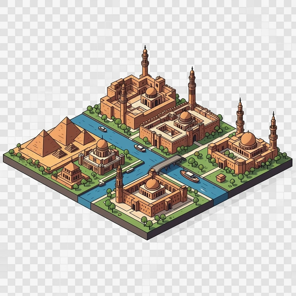 Isometric minimalistic illustration of Cairo, subtle 3D miniature effect and Tilt Shift effect, no cartoonish look, transparent background. emoji