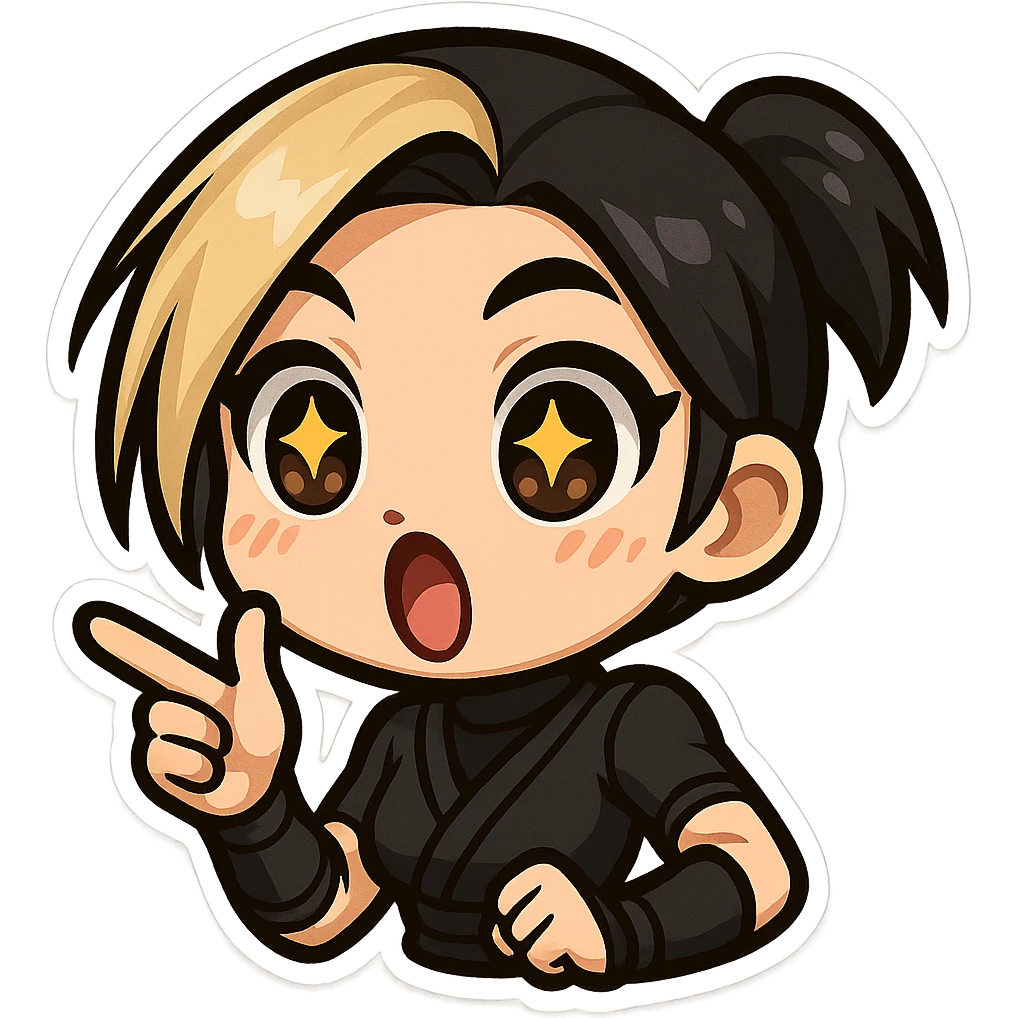 Make the expression even more weird-cute in colorful chibi style: sexy chibi ninja girl with black short hair and a blonde streak, only head and arms, making a finger gun gesture, bold outlines, transparent background, no mask, eyes wide open with stars, mouth open in a big O, sized for Twitch emoji use. emoji