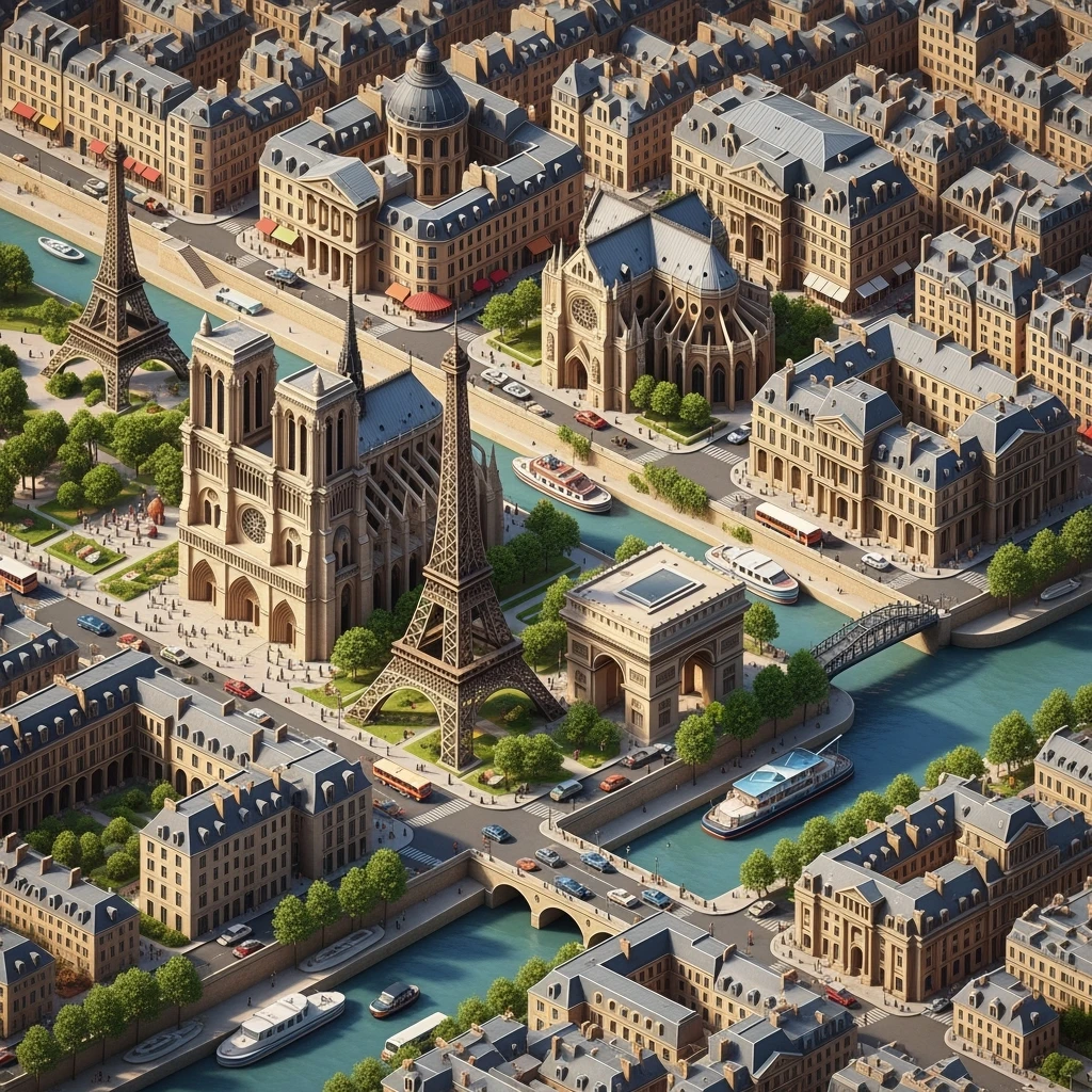 Isometric illustration of Paris, with photorealistic detailed miniature cityscape emoji
