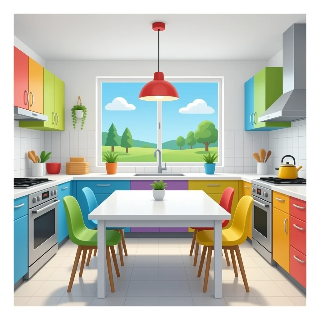 make a modern kitchen with a big empty table in the middle of the room. make the kitchen colorful emoji