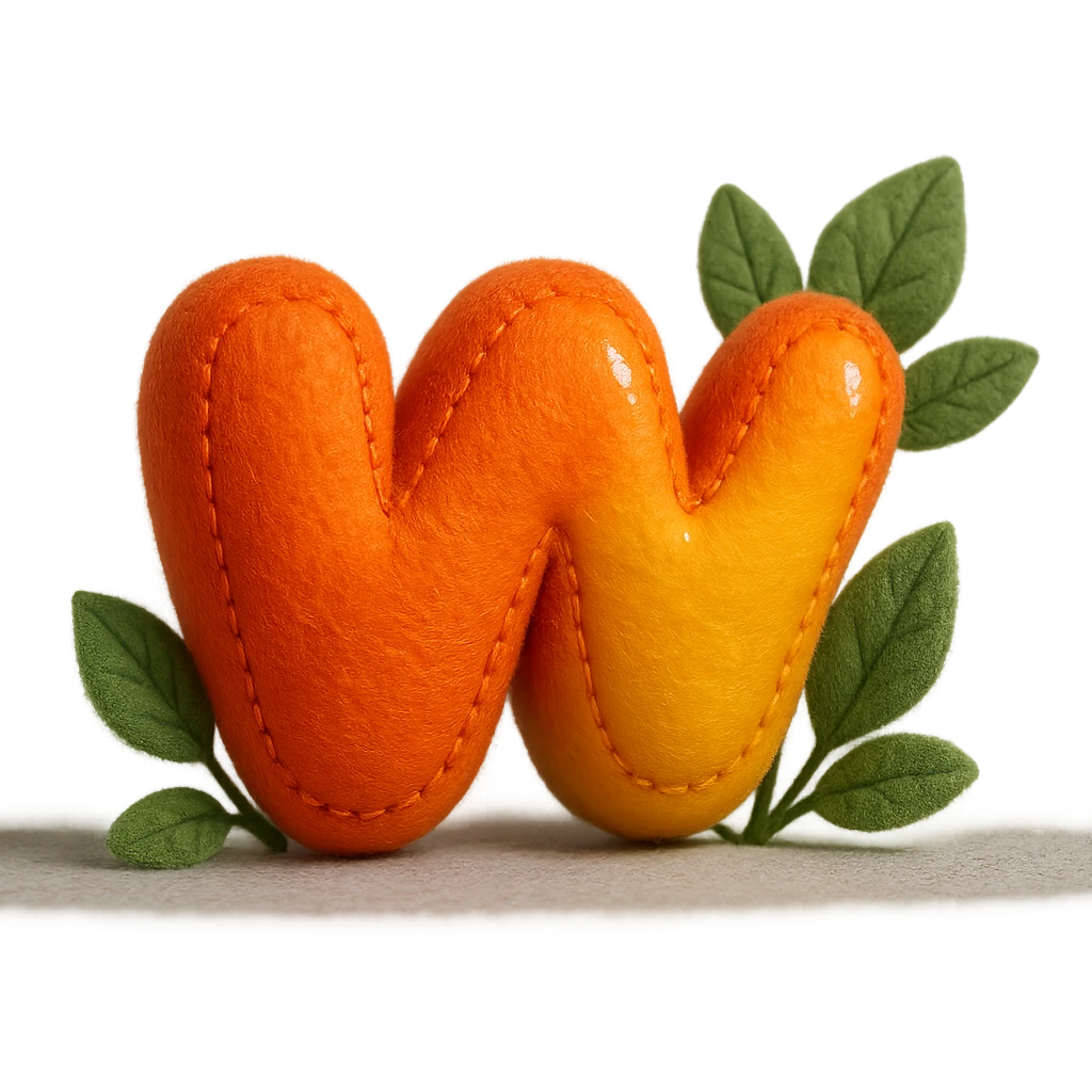 plump colorful Wattpad logo 'w' with bold outline, expressive shadows, glossy highlights, decorated with bright leaves around the logo, no background emoji