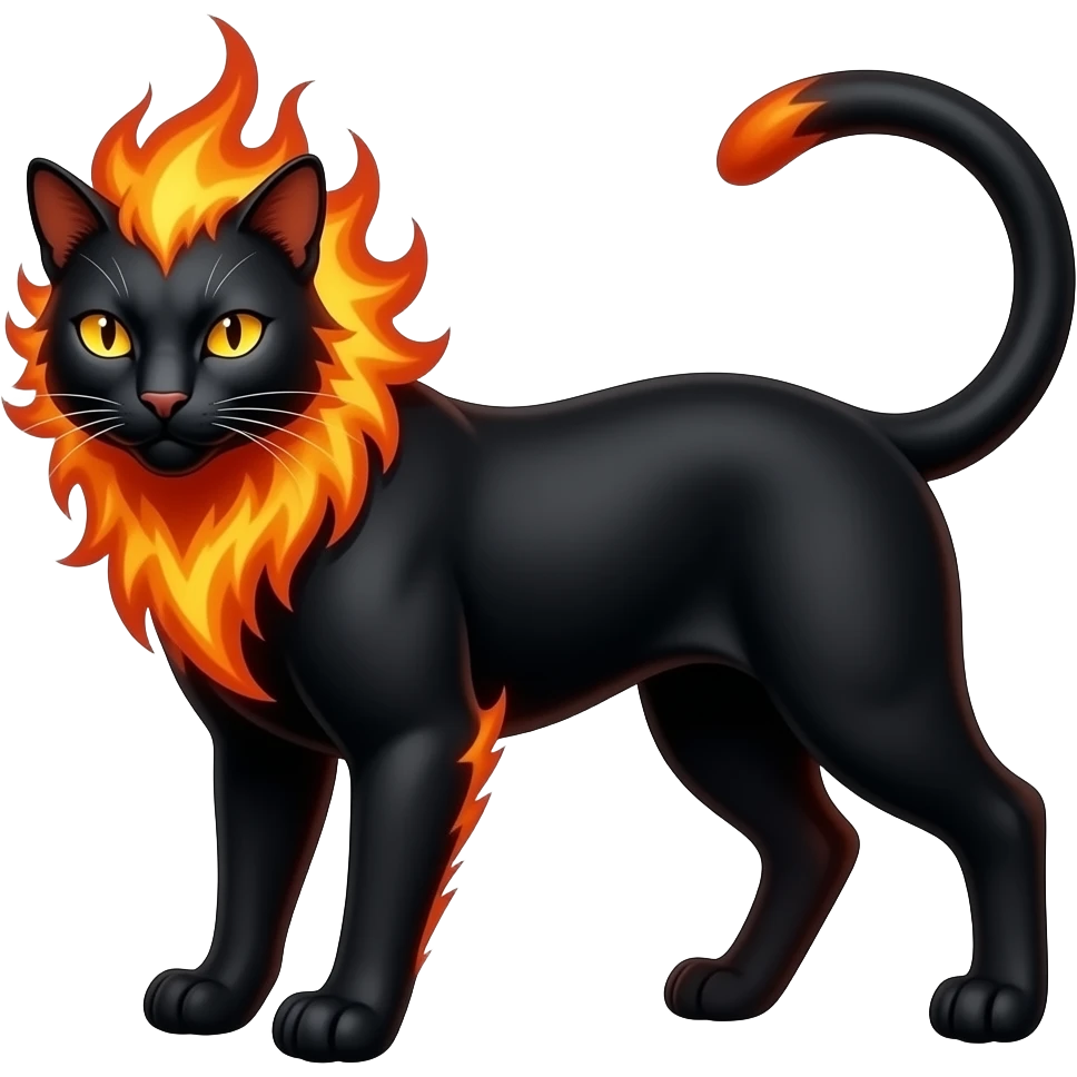 A sleek feline with a mane of living fire and golden eyes that glow in darkness. It is proud, fast, and fiercely territorial. emoji