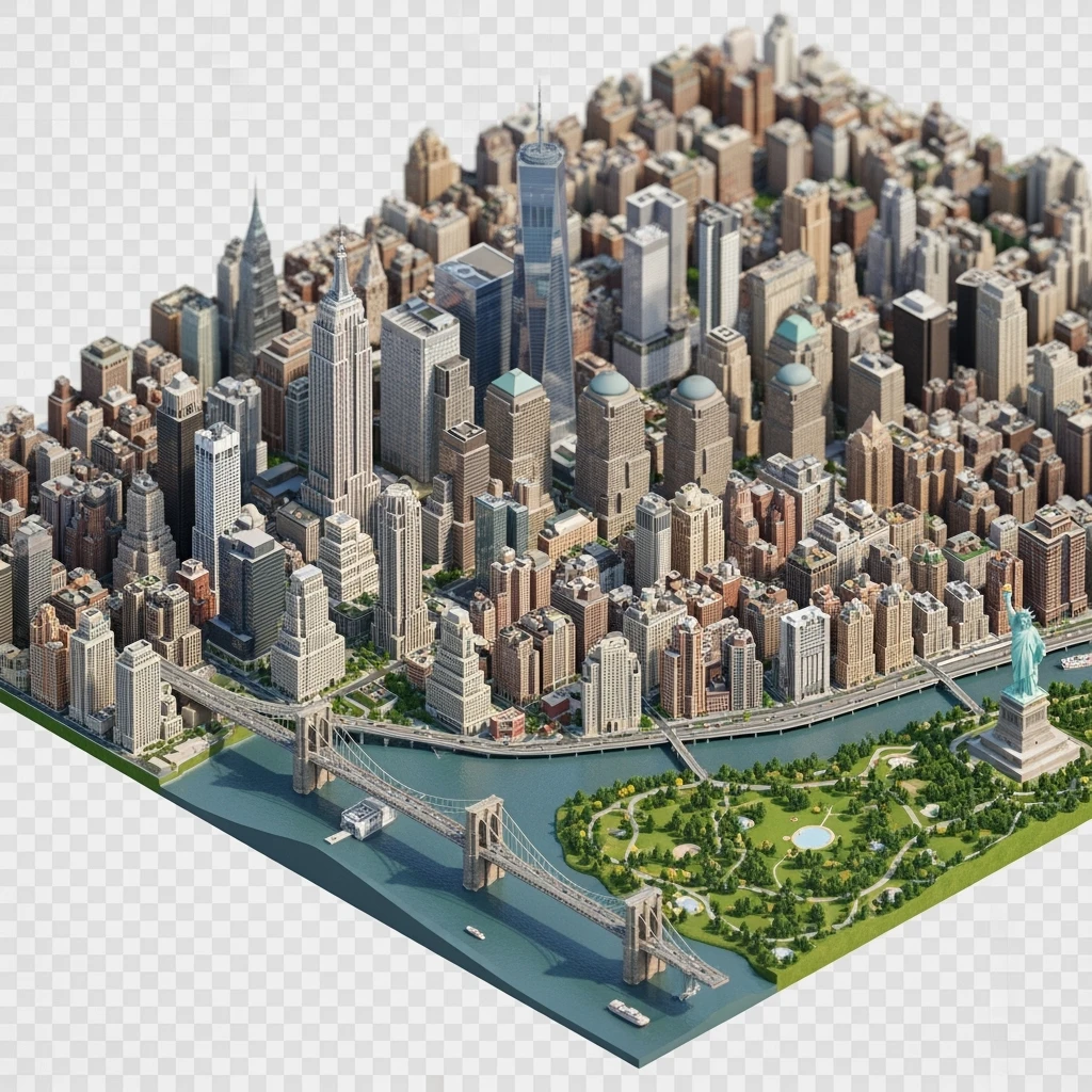 Isometric miniature of New York Сity Empire State Building, One World Trade Center, Statue of Liberty, Brooklyn Bridge, and Central Park chaotic low-rise blocks in outer boroughs 3D miniature effect and Tilt Shift effect, no cartoonish look, transparent background. emoji
