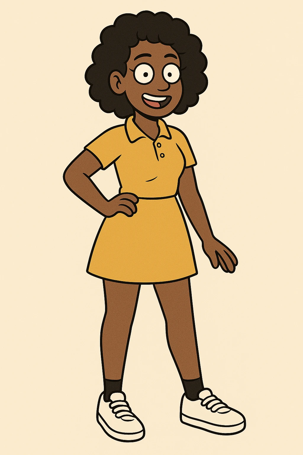 A Girl black Slightly Coiled hair brown Red Women's classic polycotton polo yellow skirt black ankle sock trainer white women's shoe emoji