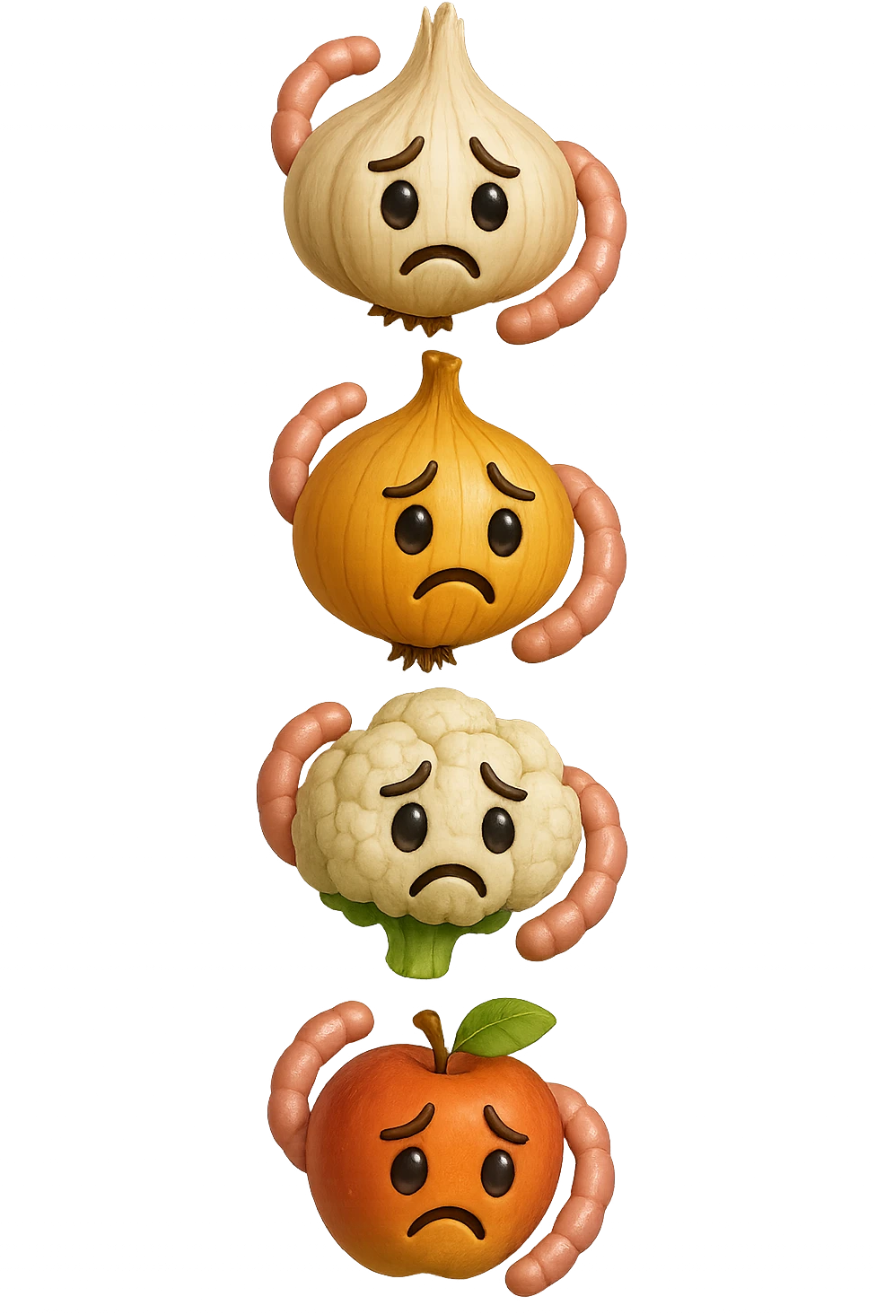 EMOJI STILE IPHONE DI aglio, cipolle, cavolfiore e mele che cadono verticalmente dall'alto con espressione triste con pezzi di colon avvolti intorno, IPERREALISTICO 4K emoji