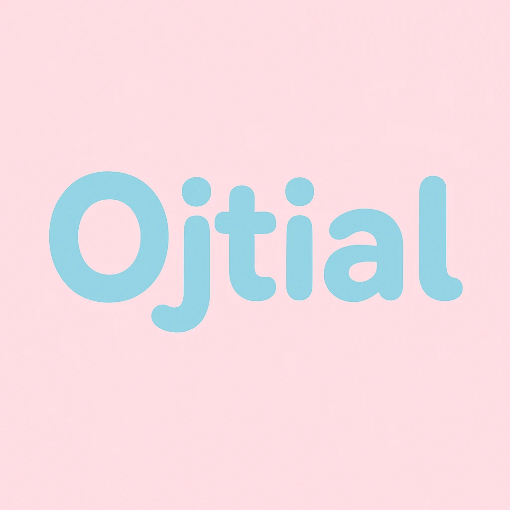 text logo with the word 'Ojtial', light blue and white colors, rounded playful style emoji