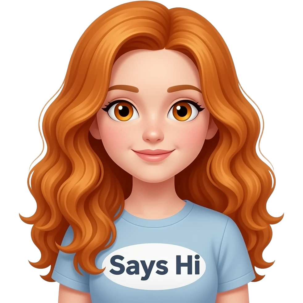girl with long curly ginger hair and ginger eyes wearing a says hi emoji