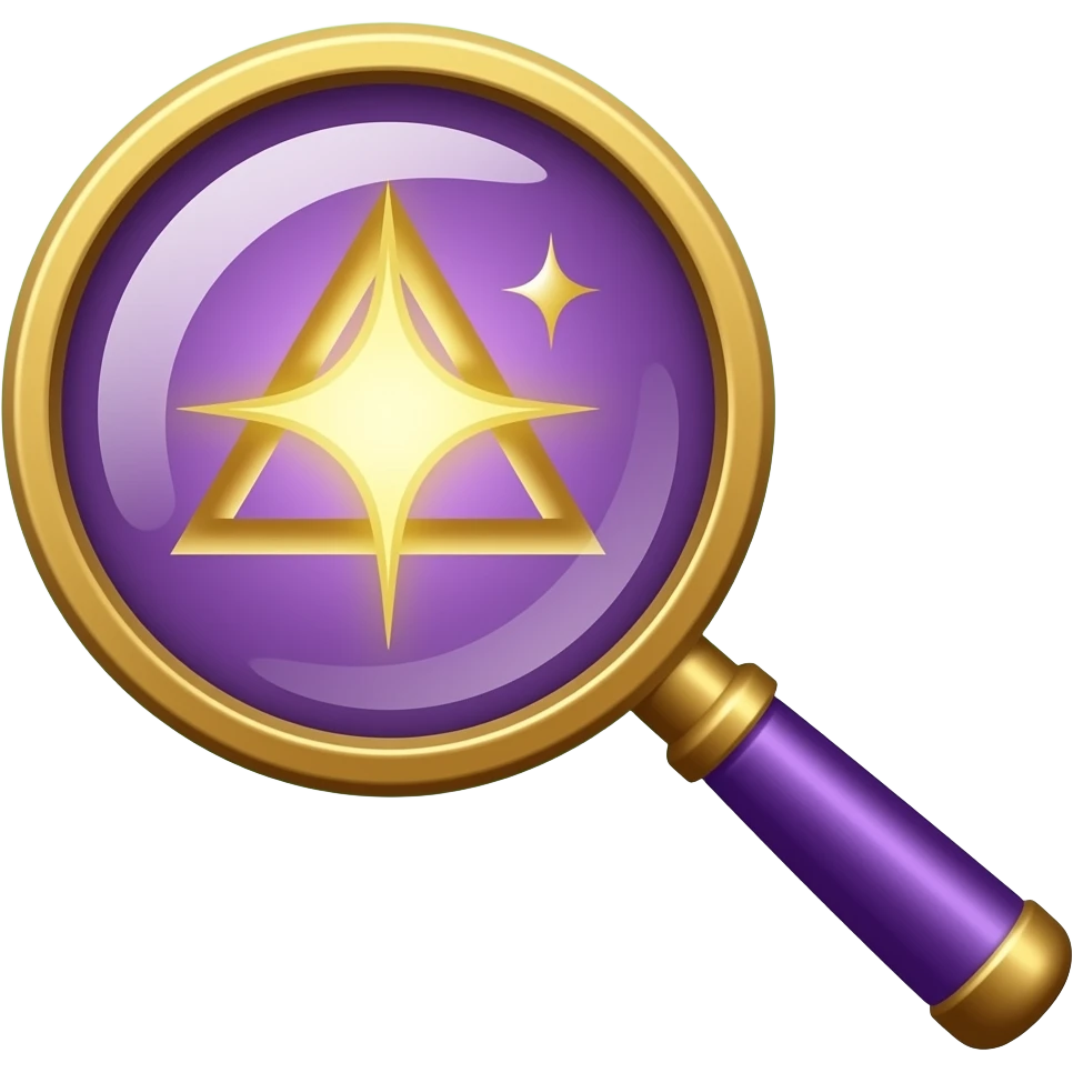 The Seeker (🔍): “A glowing purple magnifying glass with golden yellow sparkles inside the lens, mystical seeker symbol, flat vector illustration, purple and gold color scheme, subtle green aura glow” emoji
