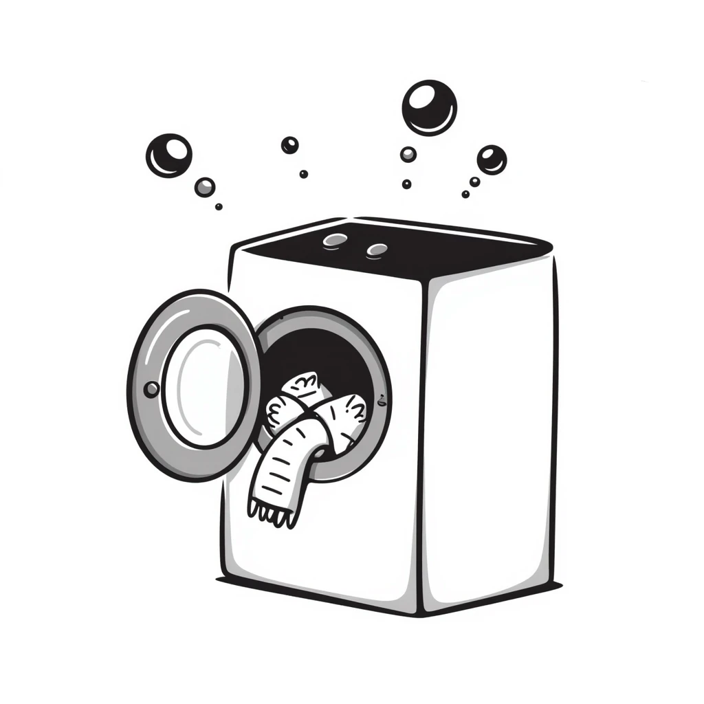 washing machine with bubbles and clothes peeking out, doodle style emoji