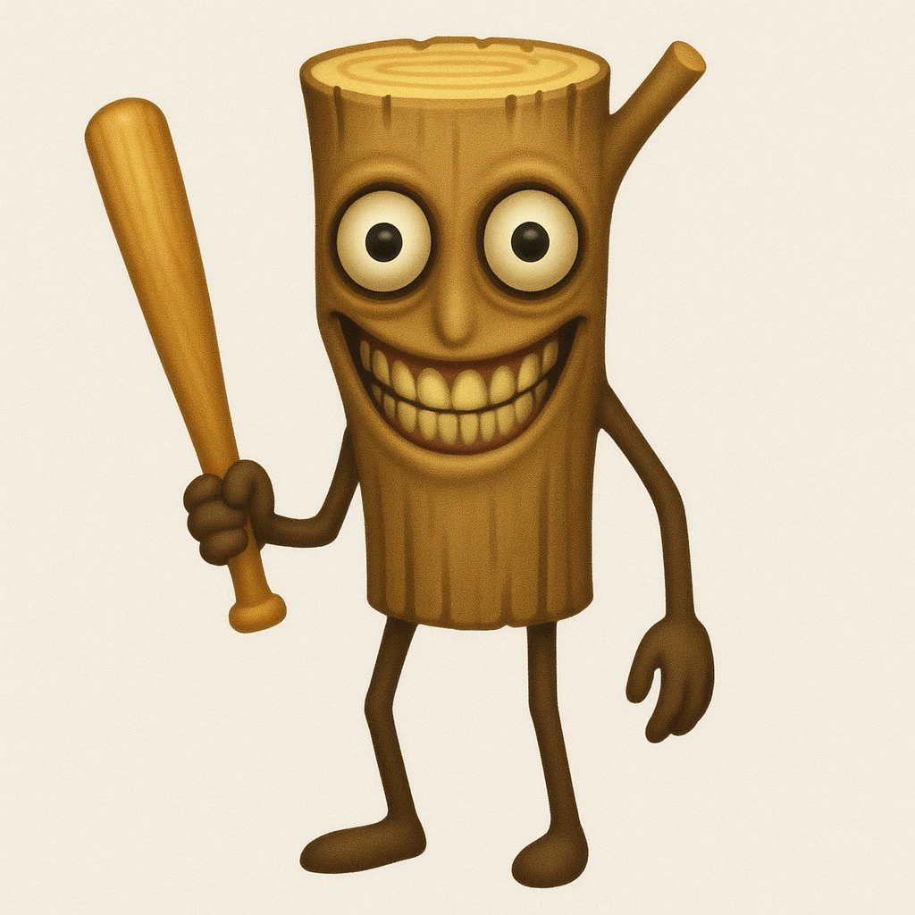 Make the stump character much skinnier and longer, with a face that is even creepier—large, wide, staring eyes and an exaggerated unsettling smile, closely matching the new reference image. Keep arms and legs, holding a baseball bat. Render in emoji style. emoji