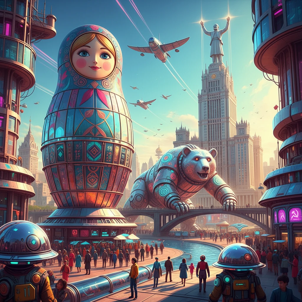 Москва в стиле Atomic Heart в светлых ярких цветах и тонах. Должны быть 2-3 яркие детали, которые выглядят крайне необычно и футуристично, альтернативный ретро киберпанк. Ими могут быть небоскреб-матрешка, огромная фигура медведя и что-то еще. например, Дворец Советов с Лениным. emoji