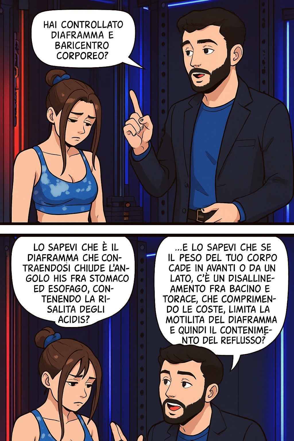 TRASFORMA QUESTO CAROSELLO IN UN FUMETTO STILE WEBTOON/MANGA A COLORI CON QUESTE DUE PERSONE IDENTICHE CHE INTERLOQUISCONO TRA LORO, L'uomo sta spiegando alla donna questo concetto:

LUI (UOMO): Hai controllato diaframma e baricentro corporeo?
LUI (UOMO): Lo sapevi che è il diaframma che contraendosi chiude l’angolo his fra stomaco ed esofago, contenendo la risalita degli acidi grassi?
LUI (UOMO): …e lo sapevi che se il peso del tuo corpo cade in avanti o da un lato, c’è un disallineamento fra bacino e torace, che comprimendo le coste, limita la motilità del diaframma e quindi il contenimento del reflusso? emoji