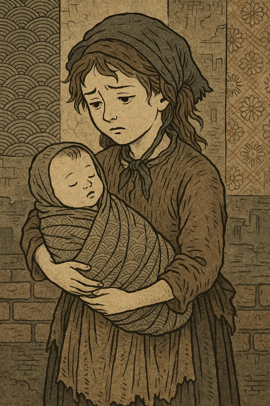 A poor victorian girl from the slums holding her baby brother emoji