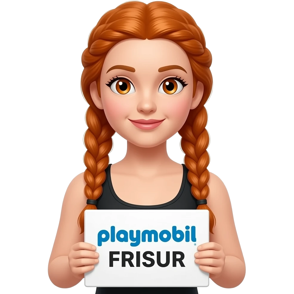 sexy girl with long ginger braids and ginger eyes wearing a black tanktop and is holding a white sign with PLAYMOBIL FRISUR written on it emoji