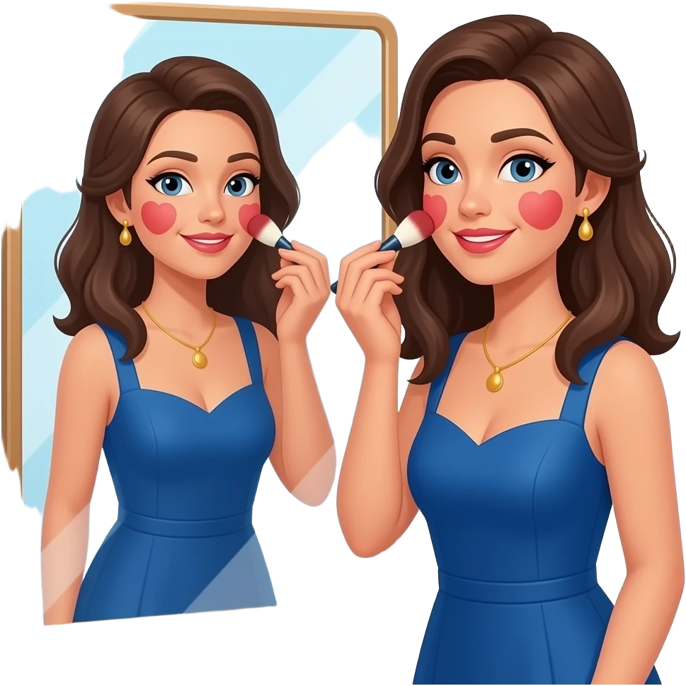 Jessica swipes a last stroke of blush over the apples of her cheeks and then steps back to admire her appearance in the mirror. The new blue dress she is wearing looks fantastic and she feels her confidence rise. emoji