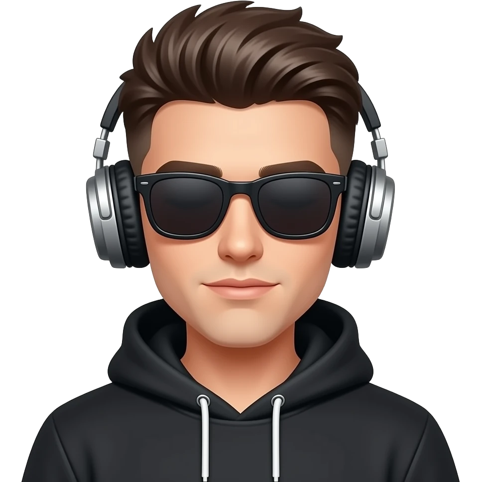 chico joven con corte de moda sudadera negra lente oscuros que no se vean sus ojos   y audifonos emoji