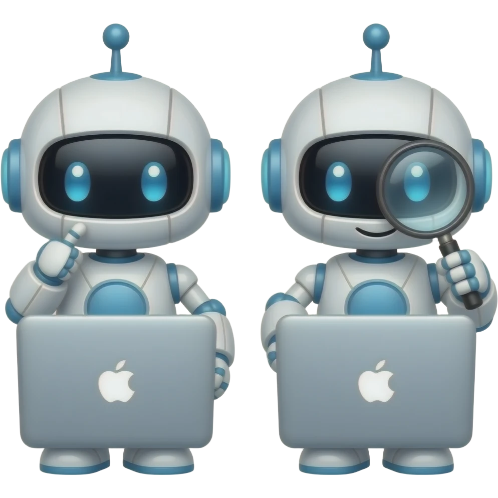 cute 2 robots use 1 mac book -- 1 of them acting like thinking, another one hold mignifying glass emoji