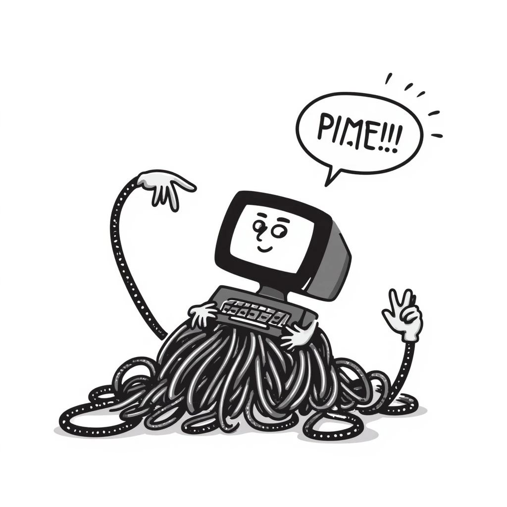hand-drawn doodle of a computer tripping over its own cables, looking embarrassed, symbolizing an AI epic fail emoji