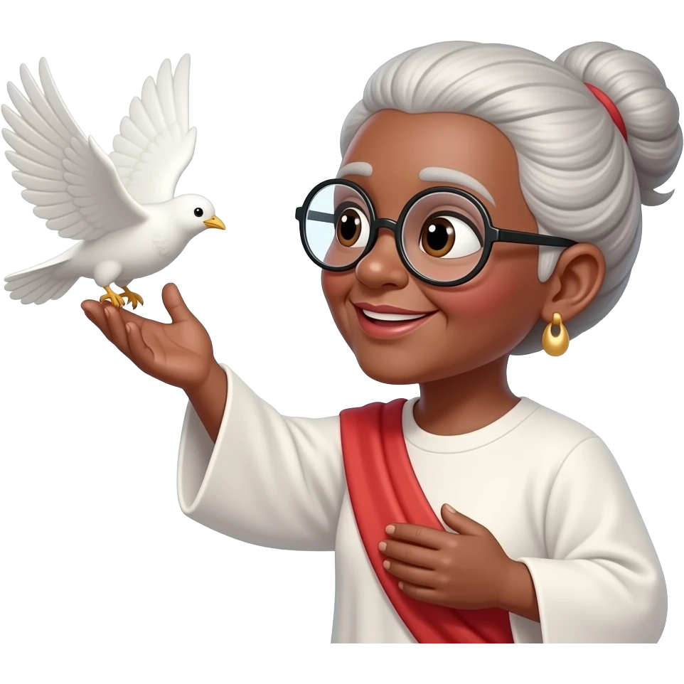 Vovó negra com óculos cabelo amarrado virando pássaro Branco voando pró céu com jesus emoji