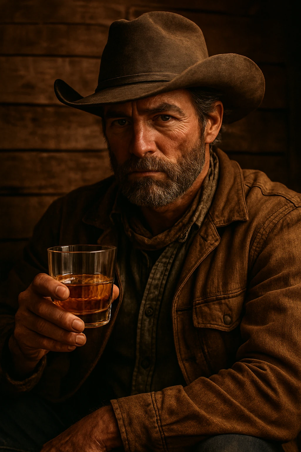 A man wearing a cowboy hat holding a glass of whiskey emoji