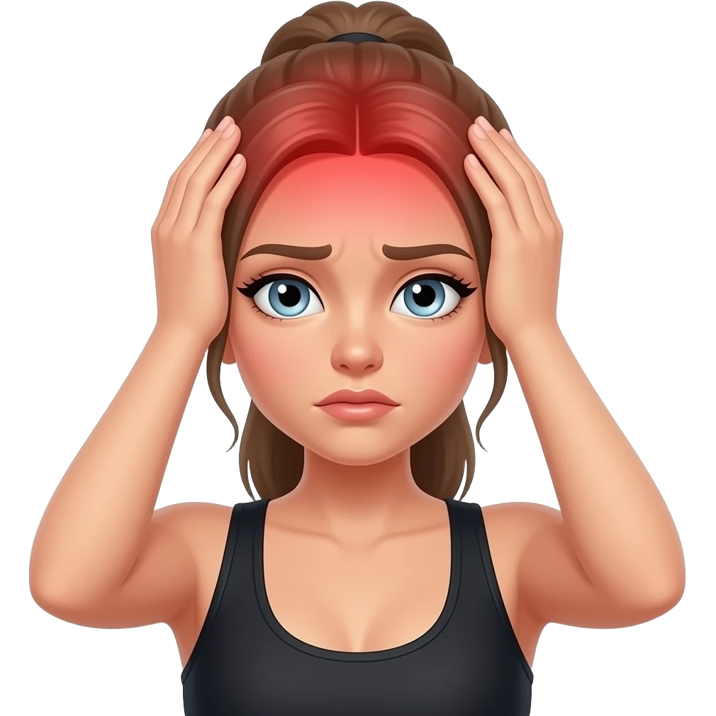 head pain, full red glow covering the entire head area, woman holding her head, fair-skinned woman, gray-blue eyes, ash brown brows, ash light brown hair tied back, slim athletic body, black workout set emoji