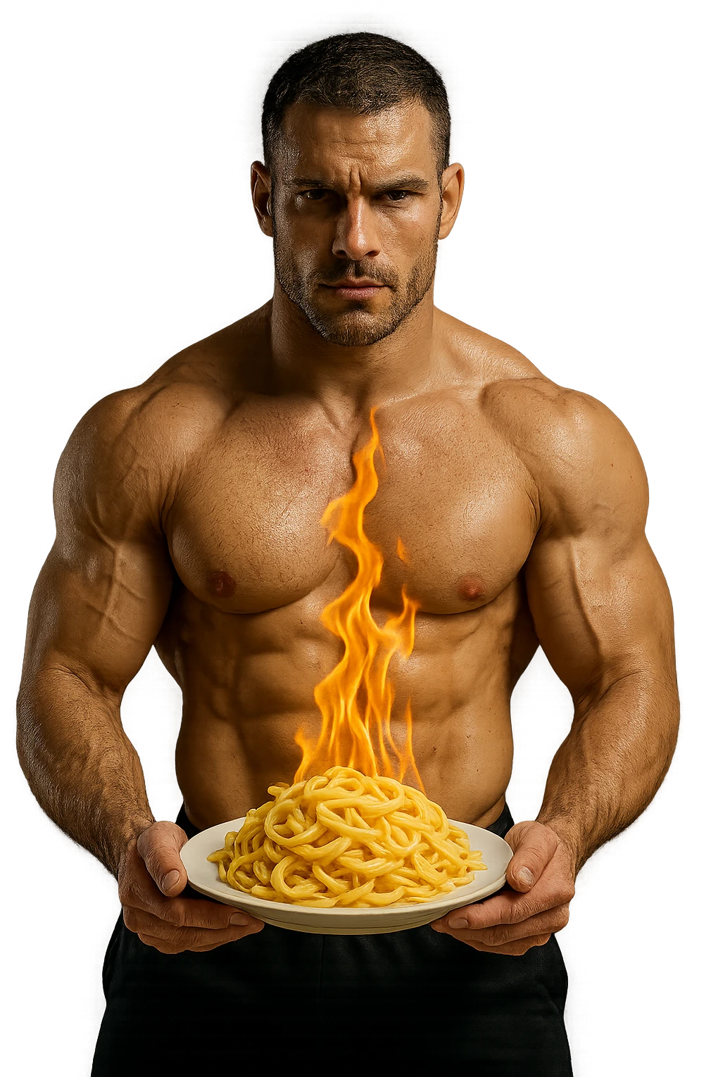 uomo fitness che tiene in mano un piatto di pasta con una fiamma sopra come se stesse simbolicamente bruciando le kcal della pasta, iperrealistico 4k emoji