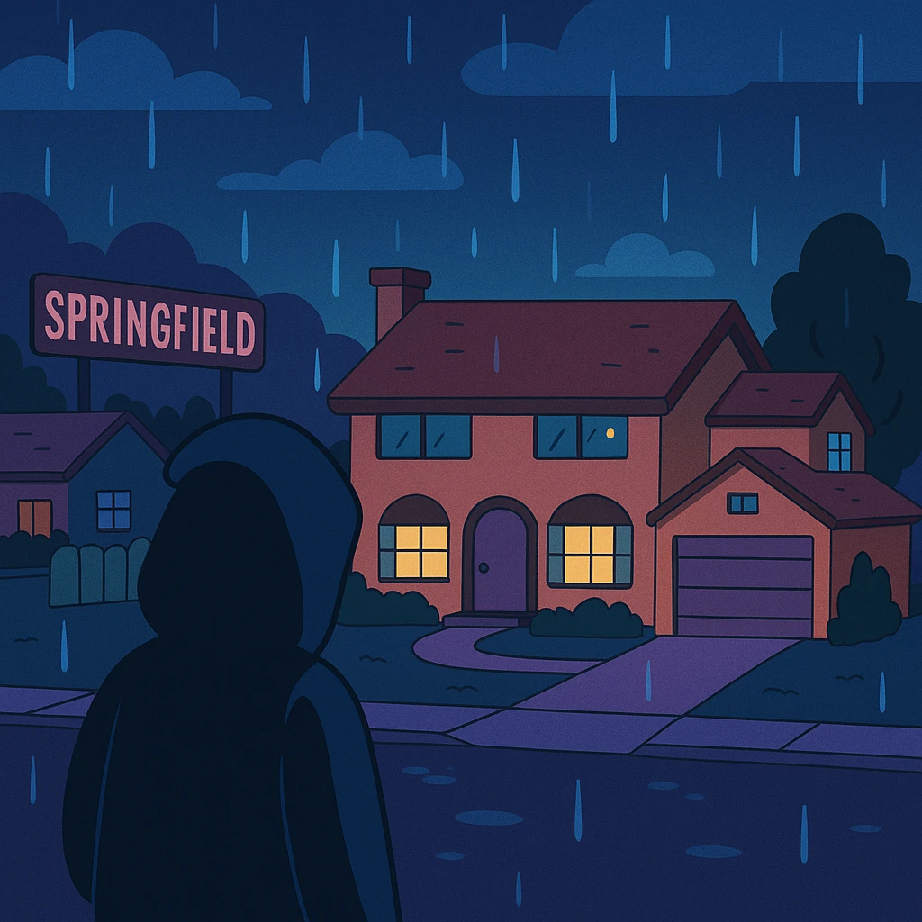 Springfield sous la pluie, la nuit. Une silhouette encapuchonnée observe la maison des Simpson. emoji