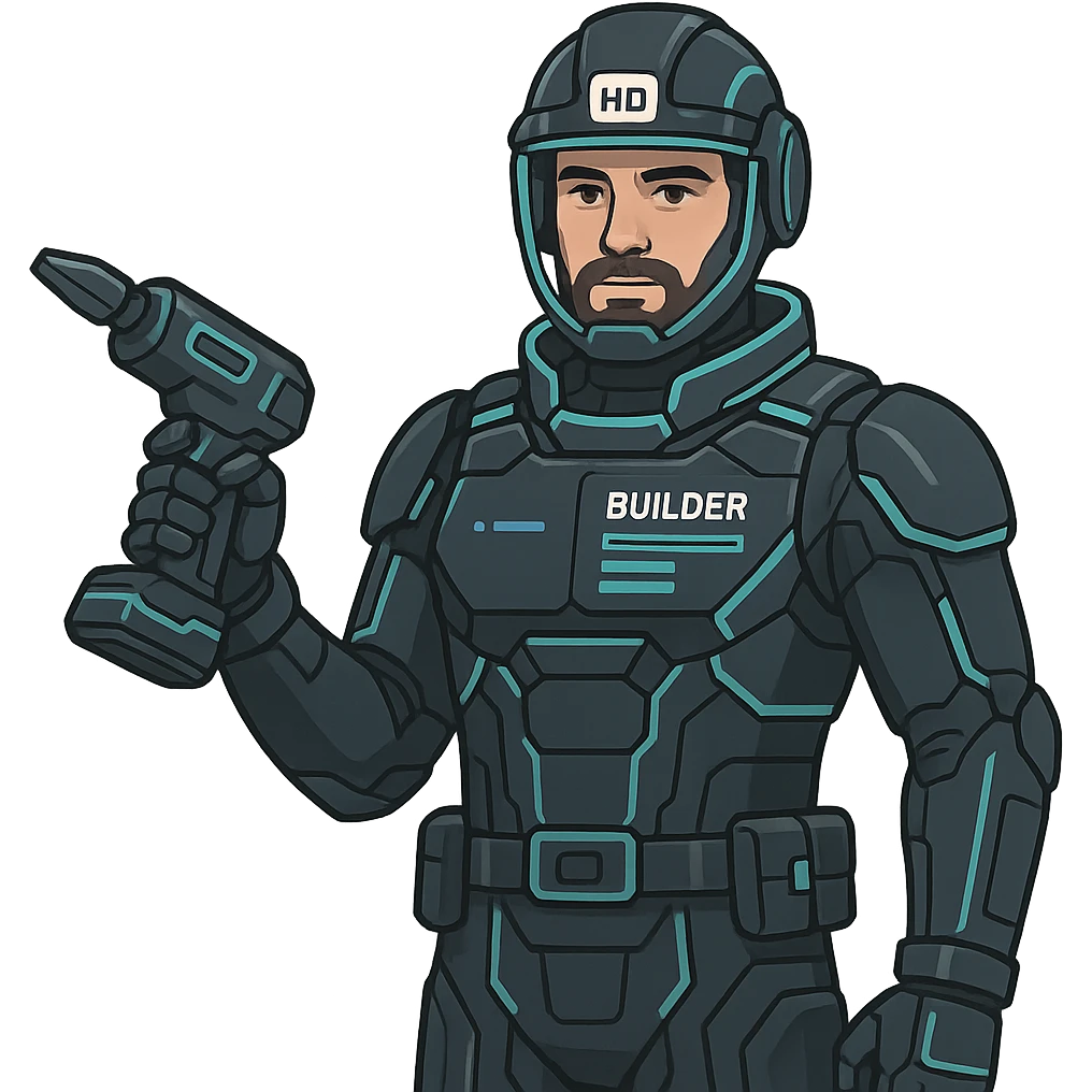 A 35-year-old male builder character with light skin in high-tech style with dark gray headers, cold blue links, warm white text, dark gray background, and teal accents. The character should be shown from the front, wearing a high-tech suit and helmet, holding a futuristic tool. emoji