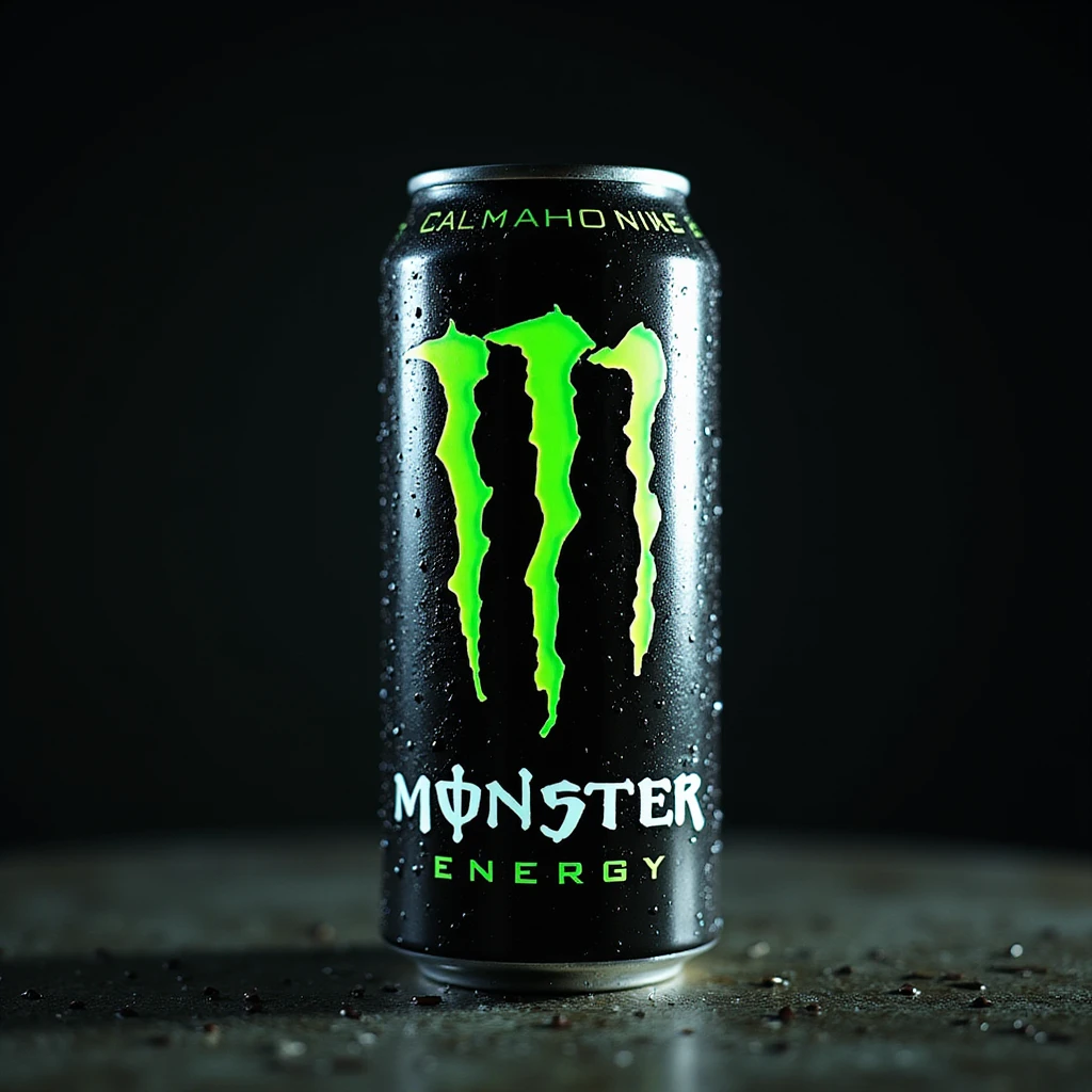 photorealistic monster energy drink can with metallic texture and condensation droplets, neon green logo, on a dark background emoji