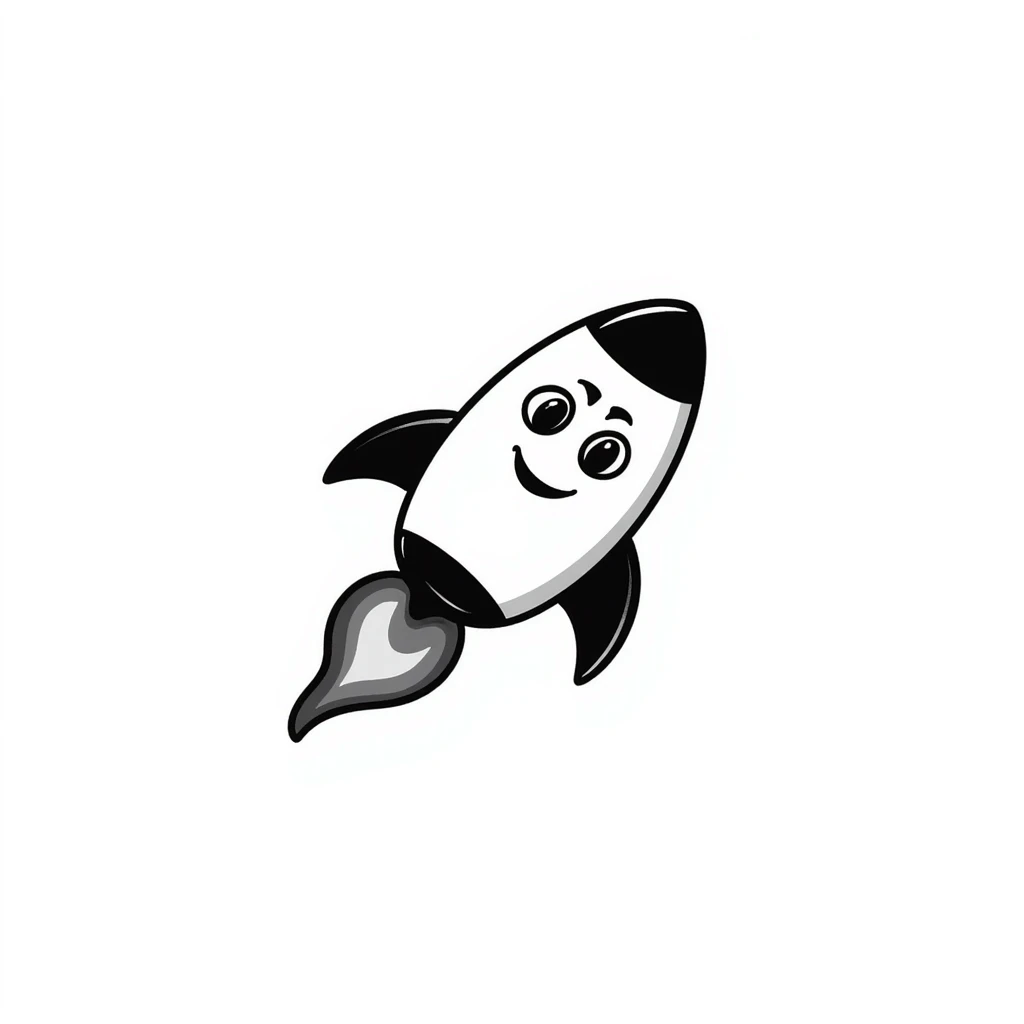 A hand-drawn toy rocket with a silly grinning face and flame trail emoji