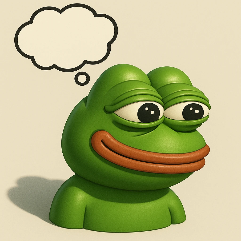 make a pepe in bright green smiling with thought bubble looking at right side in 3d style, good highlights and shadows, drop shadows emoji