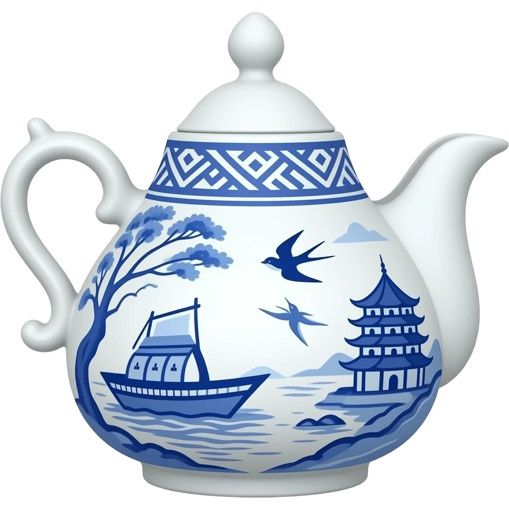 chinoiserie blue willow china pattern oblong no lid open gravy boat with a boat, pagodas and two swallows emoji