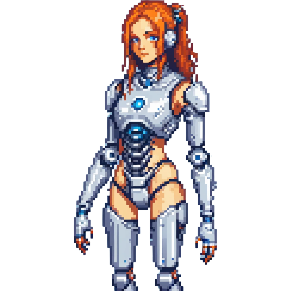 futuristic cyborg girl with robotic limbs in blue and silver palette emoji