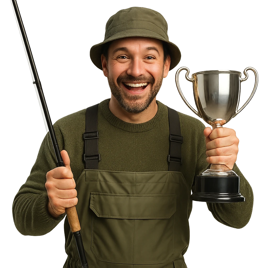 a male fisherman holding a large trophy cup, cheerful expression, clear details emoji