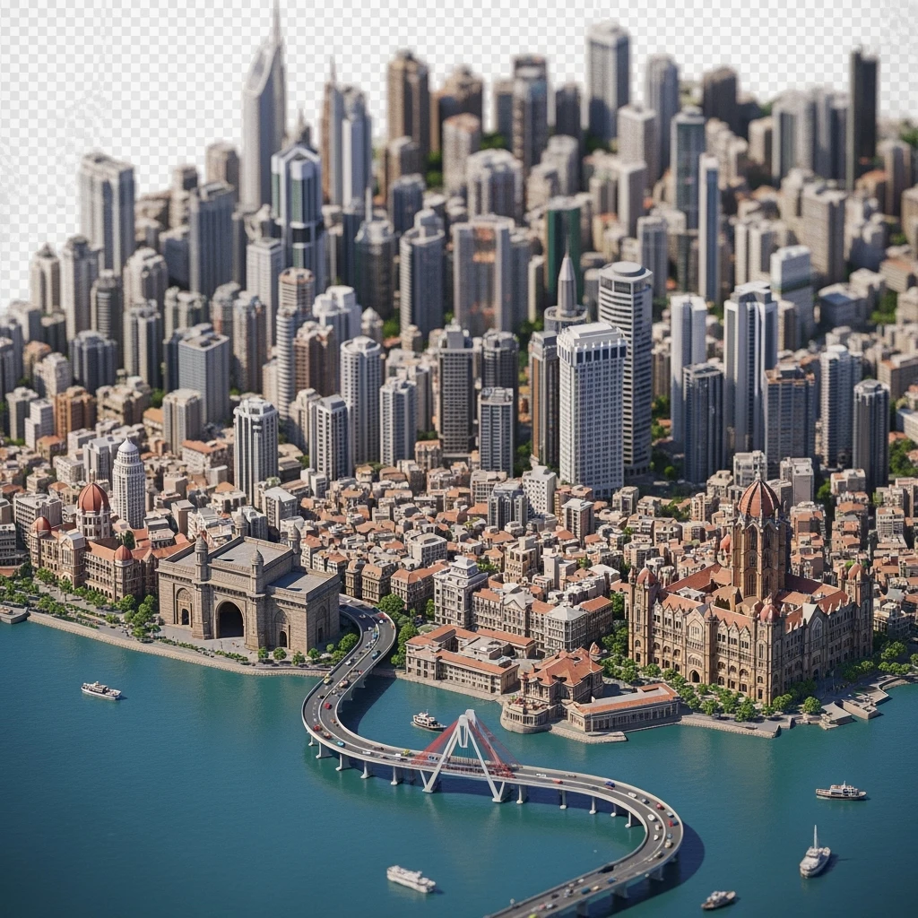 Isometric miniature of Mumbai city, featuring iconic landmarks like Gateway of India, Bandra-Worli Sea Link, Chhatrapati Shivaji Terminus,  clustered high-rises and skyscrapers, 3D miniature effect and Tilt Shift effect, no cartoonish look, transparent background. emoji