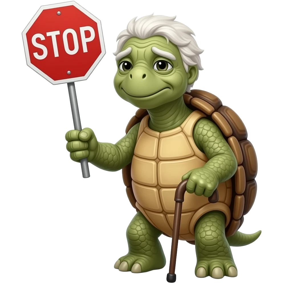 extremely old, wrinkled, tired-looking turtle holding a stop sign. he is using a cane to walk. he has 5 white hairs. emoji
