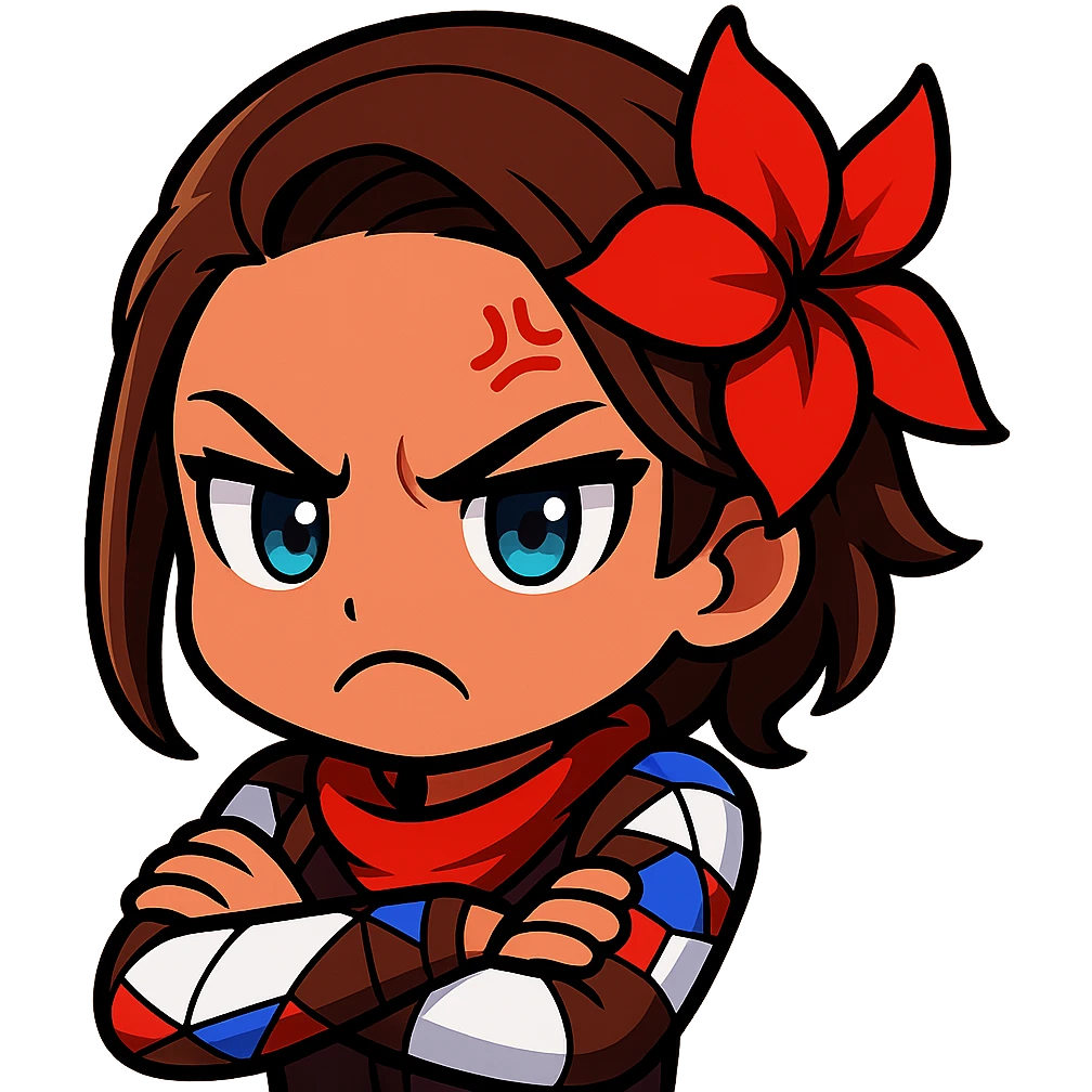 Azucena from Tekken 8 in chibi sticker style with an angry expression, arms crossed, designed for Twitch emote use. emoji