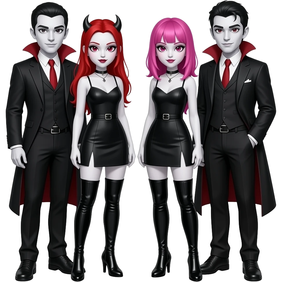 Vampiro femmina con pelle bianca e capelli rossi indossa un vestito corto nero  e degli stivali lunghi con tacco neri insieme alla sua amica VAMPIRO con i capelli rosa e frangia che indossa un vestito corto nero e la pelle bianca insieme ai loro reciproci fidanzati VAMPIRI con la pelle bianca emoji