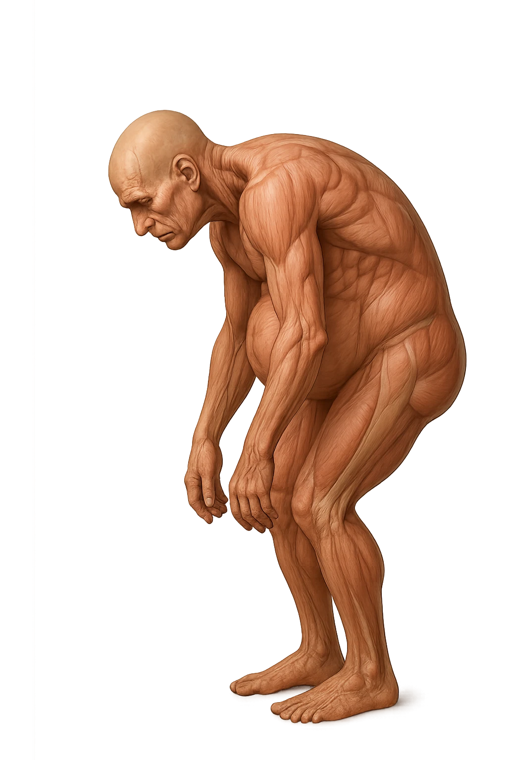 corpo umano anatomico realistico che si butta con la schiena e le spalle in avanti, pancia sporgente e postura delle spalle chiuse, isolato su sfondo bianco emoji